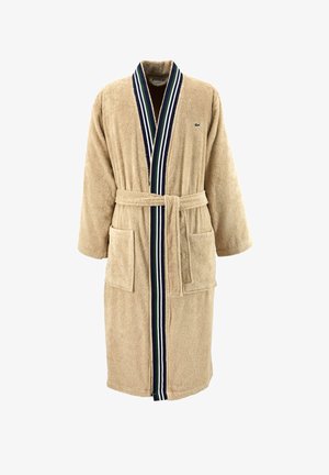 Beiger Bademantel aus Frottee mit gestreiftem Marineblau, Weiß und Grün als Besatz, zwei vorderen Taschen und einem gebundenen Taillengürtel.