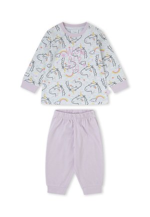 Camiseta gris de bebé de manga larga con estampado de unicornio y arcoíris, texto "WONDERFUL" en rosa, combinada con pantalones de cintura elástica de color lila claro.