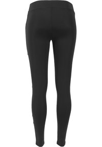 Leggings neri con una texture liscia, vita alta e design aderente. Presentano nessuna cucitura o motivo visibile.