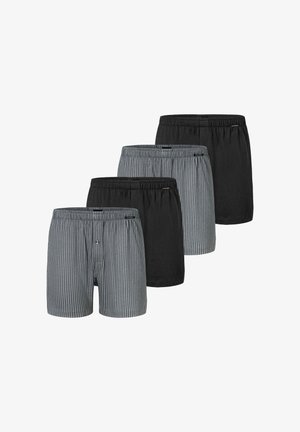 Set of four boxers: two black, two gray striped. Each features an elastic waistband and a button fly, made from soft cotton fabric.