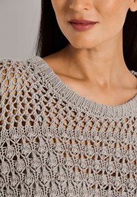 Hellgrauer, gestrickter Pullover mit einem offenen Design, breitem Ripp-Ausschnitt und detailliertem Häkelmuster im gesamten Stoff.