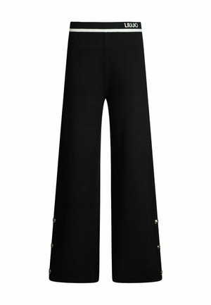 Pantaloni neri a gamba larga con una consistenza morbida, caratterizzati da una banda bianca in vita e bottoni decorativi dorati ai lati.