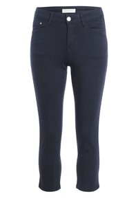 Jeans cropped bleu marine en tissu extensible avec une coupe ajustée, dotés d'une fermeture à bouton, de poches avant et de détails de couture discrets.