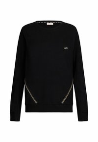Felpa nera in cotone, con collo rotondo, maniche lunghe e un accento dorato sulle cuciture laterali. Design semplice con polsini a coste.