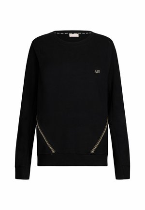 Sweatshirt noir en coton, avec un col rond, des manches longues et un accent doré sur les coutures latérales. Design simple avec des poignets côtelés.