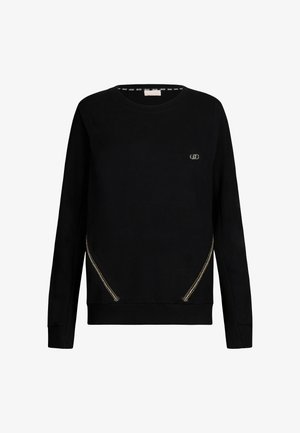 Mustapaita, joka on valmistettu puuvillasta, jossa on pyöreä kaula-aukko, pitkät hihat ja kultainen korostus sivusaumassa. Yksinkertainen muotoilu, jossa on ribbaatut hihat.