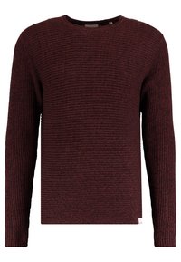 Burgundy knit sweater with a crew neck, textured fabric, long sleeves, and a straight hem. Features minimal branding at the bottom.