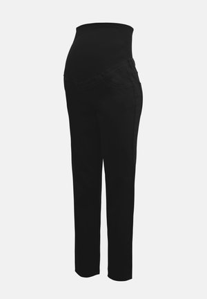 Pantalons de maternité noirs avec une taille haute extensible conçue pour soutenir un ventre de femme enceinte, coupe droite et poches avant.