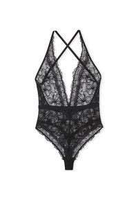 Body in pizzo nero con design floreale, caratterizzato da una profonda scollatura a V, bretelle incrociate e bordi scallopati. Accentuato da una vita liscia.