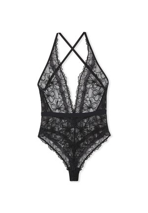 Schwarzer Spitzenbodysuit mit Blumenmuster, ausgestattet mit einem tiefen V-Ausschnitt, überkreuzten Trägern und gewellten Kanten. Abgerundet mit einem glatten Hüftbund.
