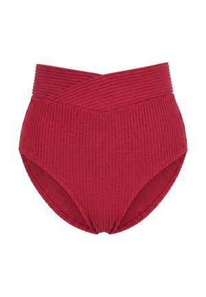 Rood, geribd gebreid ondergoed met een hoge taille en een brede tailleband met een kruisvormig ontwerp aan de voorkant.