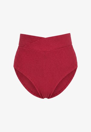 Rot gerippte Unterwäsche mit hohem Bund und breitem Taillenbund, der an der Vorderseite ein Kreuzdesign aufweist.