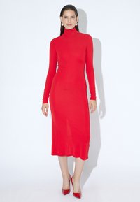 Rød, langærmet, turtleneck kjole i slim fit, med midi længde og glat tekstur. Båret med matchende røde spidse hæle.