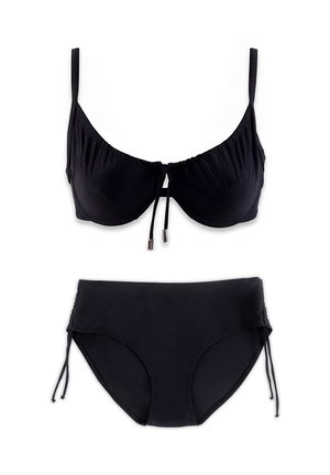 Czarny dwuczęściowy bikini z biustonoszem na fiszbinach z regulowanymi wiązaniami na środku oraz dopasowanymi figami hipster z bocznymi troczkami.