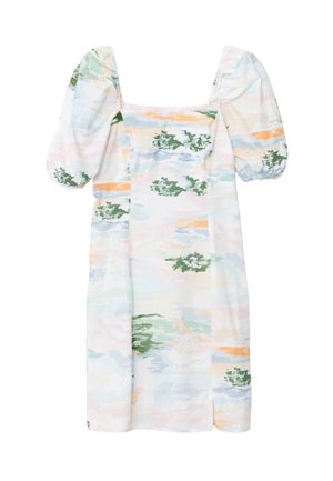 Sukienka w pastelowych kolorach z kwiatowym wzorem i krótkimi rękawami. Wykonana z lekkiego materiału, z kwadratowym dekoltem i prostym krojem.