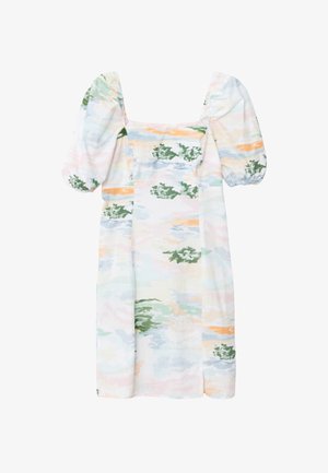 Robe à manches courtes à motif floral dans des couleurs pastel. Fabriquée en tissu léger, avec un décolleté carré et une silhouette droite.