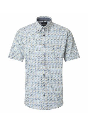 Kortærmet skjorte med knapper foran, blå og beige prikket mønster og en krave med knapper.