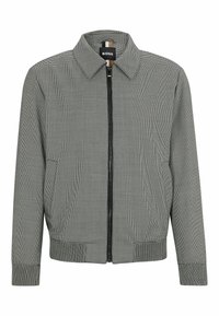 Hallhall mustriga bomber-jakk, millel on krae, ees tõmblukk, küljetaskud ja ribakudumiga mansetid ning alläär.