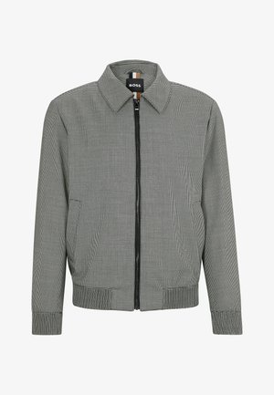 Jachetă bomber cu model houndstooth gri, cu guler, închidere frontală cu fermoar, buzunare laterale și manșete și tiv din material elastic.