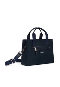 Borsa a spalla blu navy con due manici superiori e una tracolla rimovibile; presenta una tasca frontale con zip e un materiale liscio e resistente all'acqua.