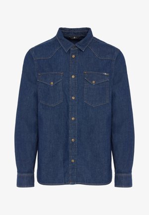 Niebieska koszula dżinsowa z wywijanym kołnierzykiem, dwoma kieszeniami na piersi, zapięciem na guziki z przodu oraz kontrastowym przeszyciem. Długie rękawy z guzikami przy mankietach.