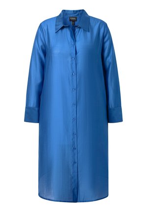 Blå skjortekjole med lange ærmer, krave, manchetter og lige kant, vist på en hvid baggrund.