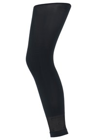 Sort, knæhøj kompressionsbenärm med en glat tekstur og et netaccent ved åbningen, der har cirkulære mønstre.