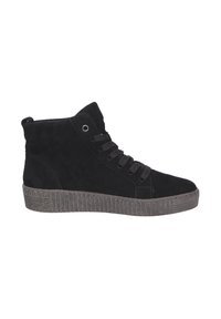 Zwarte suede high-top sneakers met zwarte veters, metalen oogjes en een grijze rubberen zool met een gestructureerd gestreept patroon.