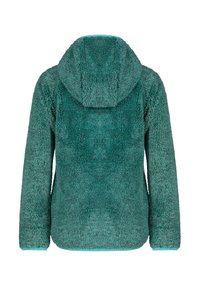 Giacca in pile color teal con una superficie testurizzata e shaggy. Presenta un cappuccio e maniche lunghe, rifinita con polsini e orlo in turchese.