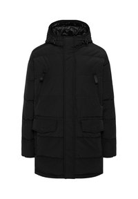 Schwarze Steppjacke mit Kapuze, nahtloser Brusttasche mit Reißverschluss und zwei Knopftaschen vorne. Komprimiertes, gestepptes Design mit glatter Textur.