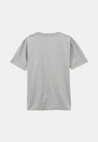 T-shirt en coton gris avec un col rond, des manches courtes et une coupe décontractée. Texture unie sans motifs ni graphismes au dos.