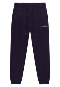 Purple jogger pants with an elastic waistband, adjustable drawstring, side pockets, and a white embroidered logo on the front.