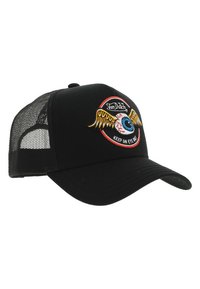 Gorra de camionero negra con parte trasera de malla, visera curva y un parche bordado con un ojo y alas, texto "MANTEN UN OJO ABIERTO".