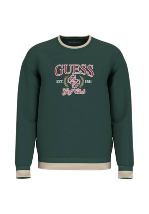 Groene sweatstof met ronde hals, met witte en rode tekst "GUESS Golf Club" en een geribbelde zoom en manchetten met strepen. Zachte stoftextuur.