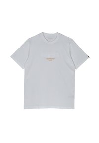 Witte kortmouw T-shirt van katoen, met een verhoogd logo in het midden en de tekst "LIVE WORK/CREATE" in oranje.