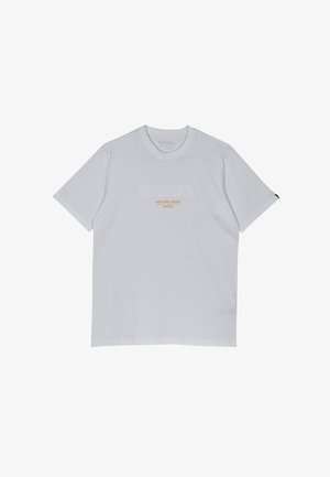 Witte kortmouw T-shirt van katoen, met een verhoogd logo in het midden en de tekst "LIVE WORK/CREATE" in oranje.