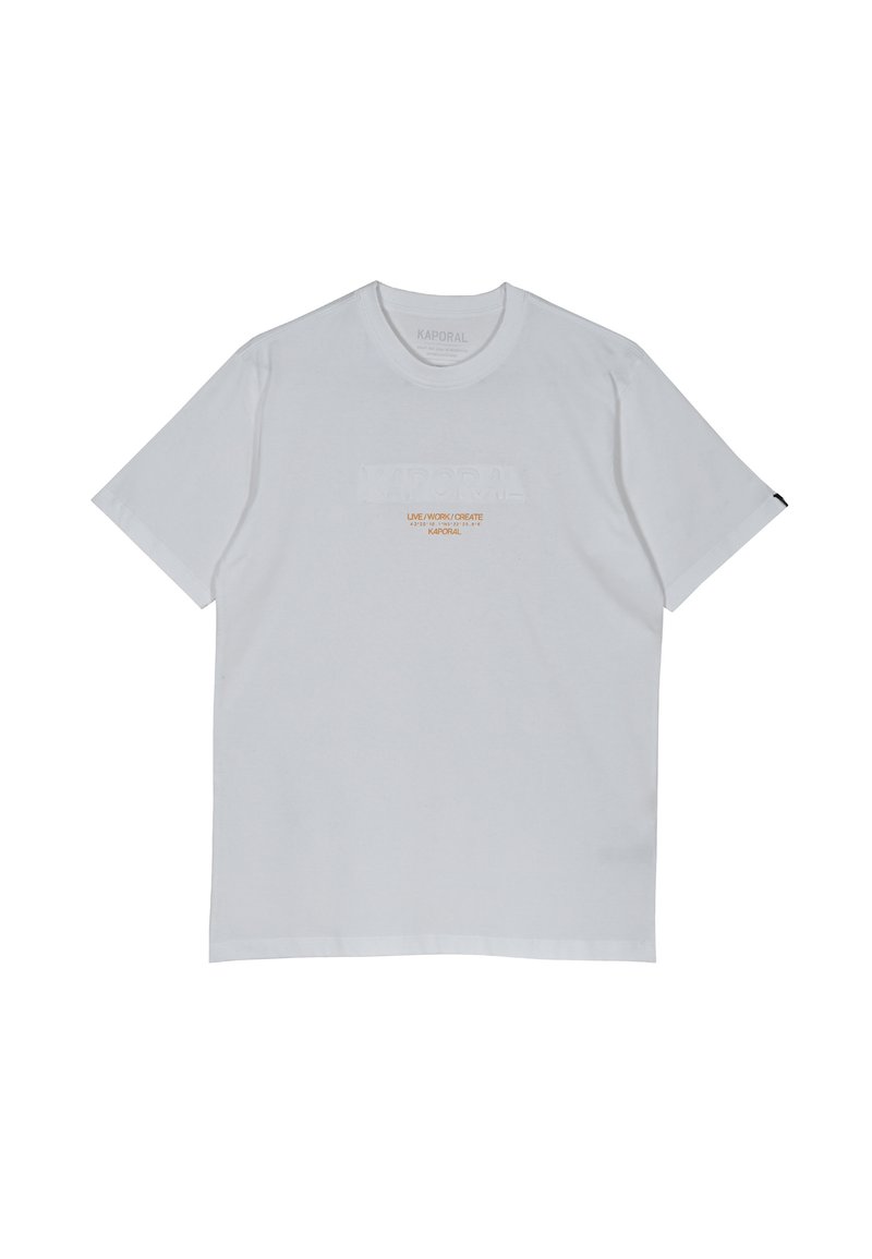 Witte kortmouw T-shirt van katoen, met een verhoogd logo in het midden en de tekst "LIVE WORK/CREATE" in oranje.