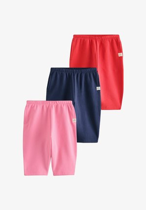 Tre par knælange shorts i pink, mørkeblå og rød med elastiske taljebånd og sidelommer, hver med en lille regnbue-logo patch.