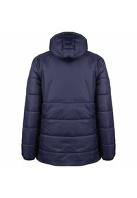 Giacca puffer blu navy con cappuccio, design trapuntato, polsini elasticizzati e superficie liscia; presenta cuciture orizzontali per l'isolamento.