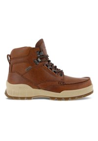 Stivaletto alto in pelle marrone con punta tonda, lacci grigi e suola in gomma. Presenta occhielli metallici e un logo discreto sulla linguetta.