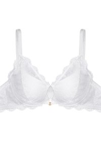 White lace bra featuring scalloped edges, underwire cups, and adjustable straps. Gold-tone hardware detail at the center. Soft texture.