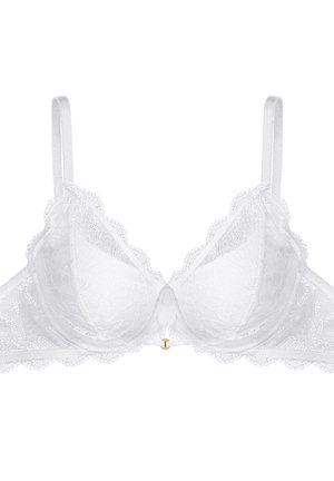 Weißer Spitzen-BH mit gewelltem Rand, Unterbruststäbchen und verstellbaren Trägern. Detail aus goldfarbenem Metall in der Mitte. Weicher Stoff.