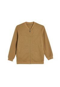 Bruine ritsjack met een geribde textuur, een ronde halslijn en twee horizontale naden aan de voorkant. Voorzien van lange mouwen en elastische cuffs.