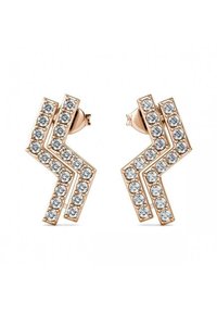 Orecchini in oro rosa con design a zigzag, caratterizzati da cristalli rotondi trasparenti incastonati in un motivo geometrico. Fissati con un retro a perno.
