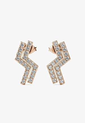 Ohrringe aus Roségold mit Zickzack-Design, verziert mit klaren runden Kristallen, die in einem geometrischen Muster angeordnet sind. Mit einem Steckverschluss gesichert.