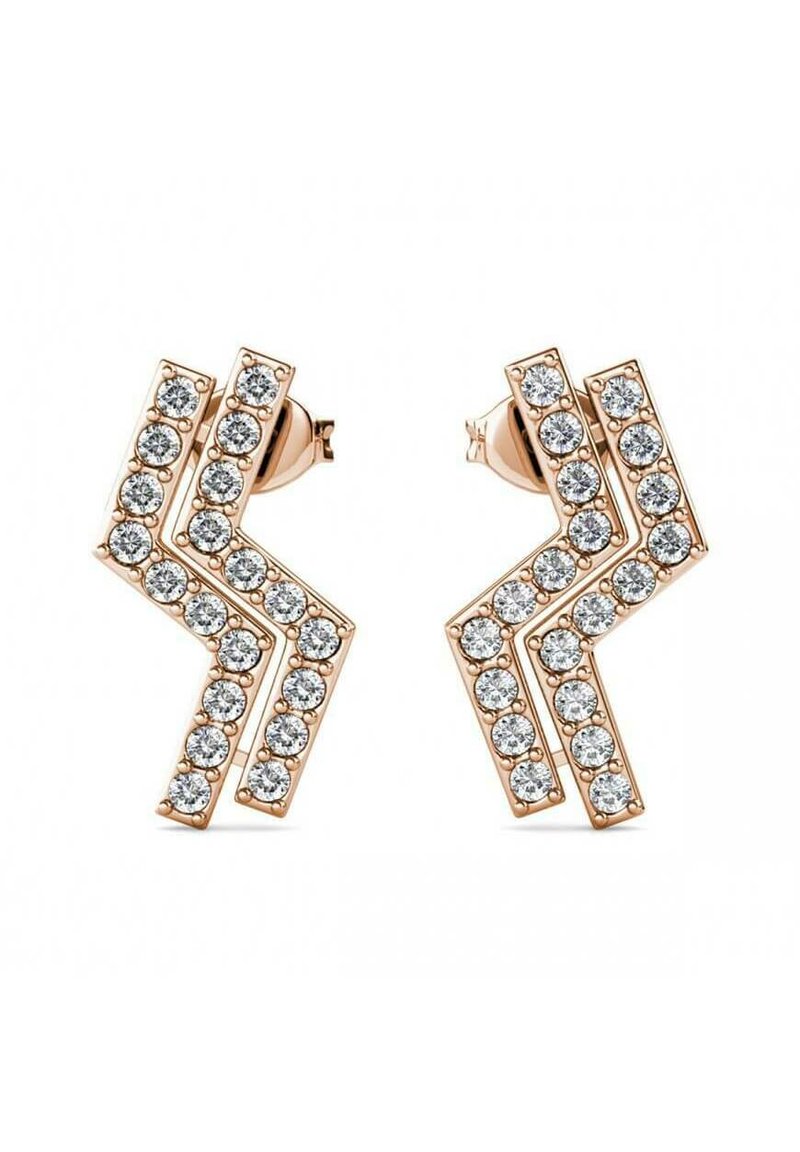 Orecchini in oro rosa con design a zigzag, caratterizzati da cristalli rotondi trasparenti incastonati in un motivo geometrico. Fissati con un retro a perno.
