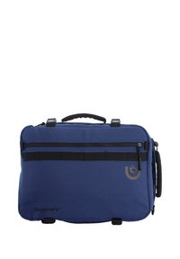 Bolsa de portátil de tela azul con un asa superior, bolsillo delantero con cremallera, acentos negros y un logo en la parte inferior izquierda. Forma rectangular y superficie texturizada.