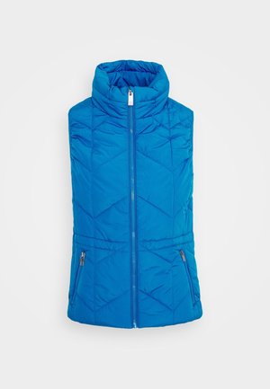 Blauw doorgestikt mouwloos donzen vest met hoge kraag en ritssluiting aan de voorkant, met twee ritssluitingen aan elke kant.
