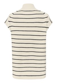 Hellbeige gestrickter Kurzarmpullover mit schwarzen horizontalen Streifen und hohem Rippenkragen, von hinten gezeigt.