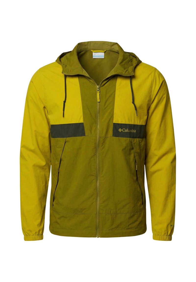 Chaqueta ligera con capucha para hombre de Columbia, con bloques de color amarillo y verde oliva, cremallera frontal y bolsillos laterales.